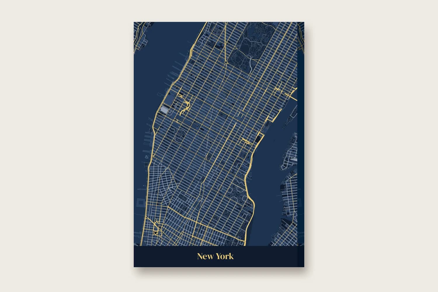 Nočni zemljevid New Yorka na platnu, napetem na lesen okvir, z vidnim robom