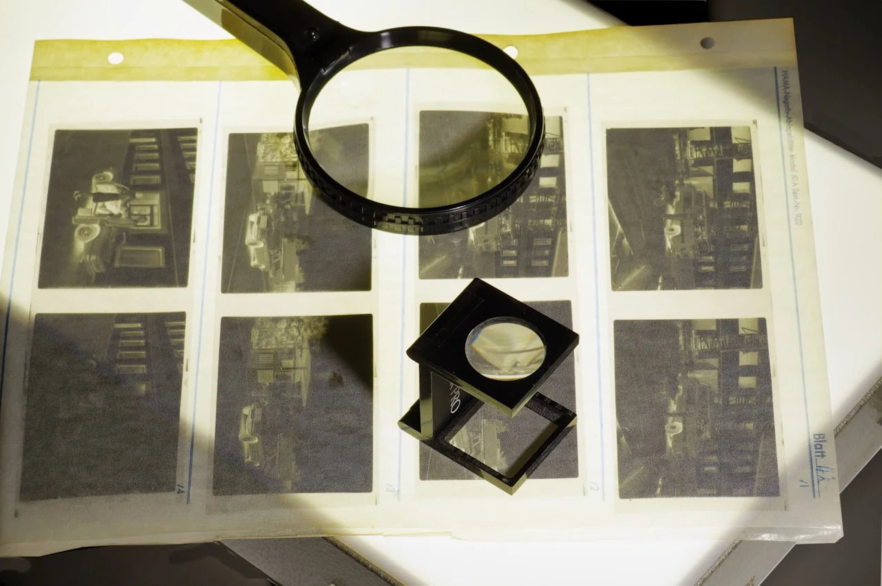 Več fotografij 13 × 18 razporejenih na svetli mizi