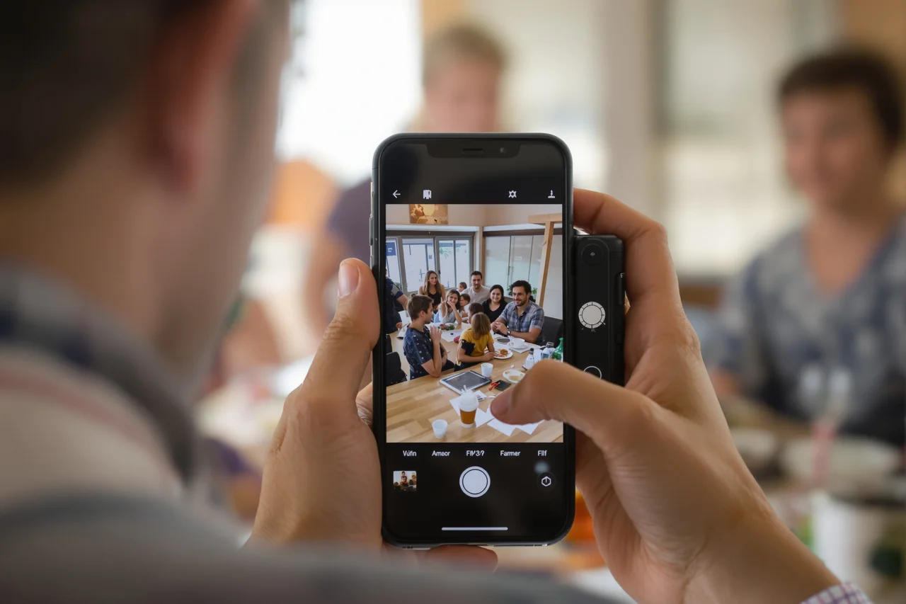 Telefon z odprto kamero nad natisnjenimi fotografijami