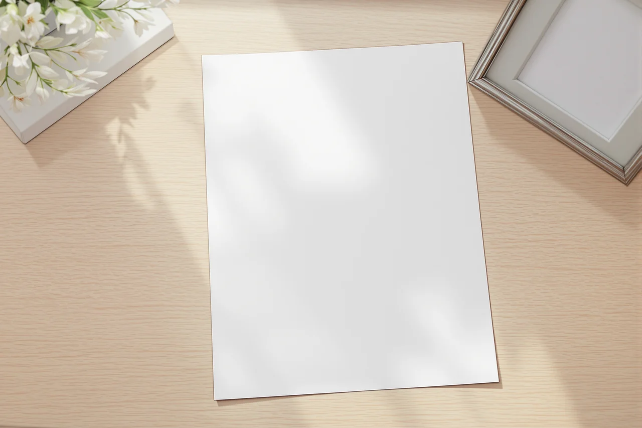 List papirja A4 in prazen okvir za fotografije na mizi