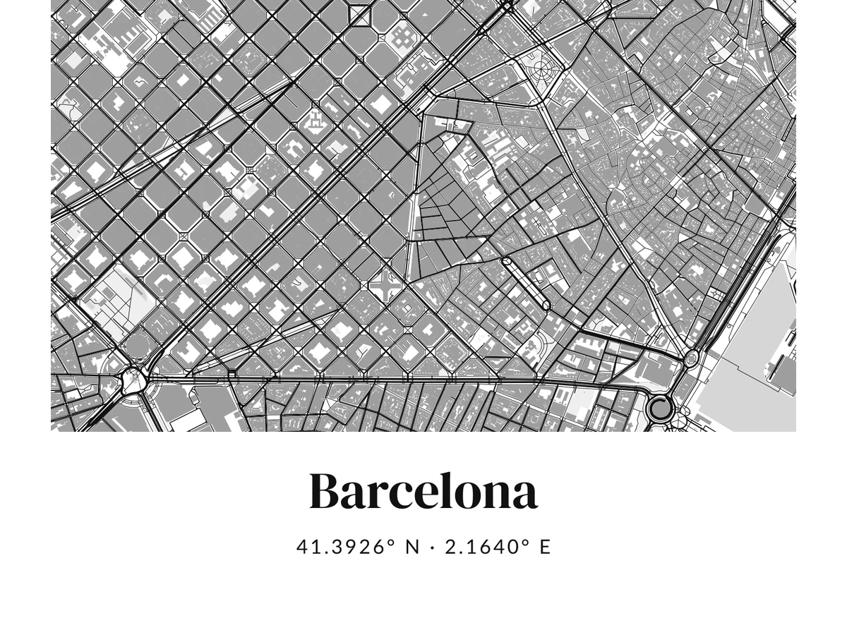 Črno-bel zemljevid Barcelone z belim robom, imenom in koordinatami